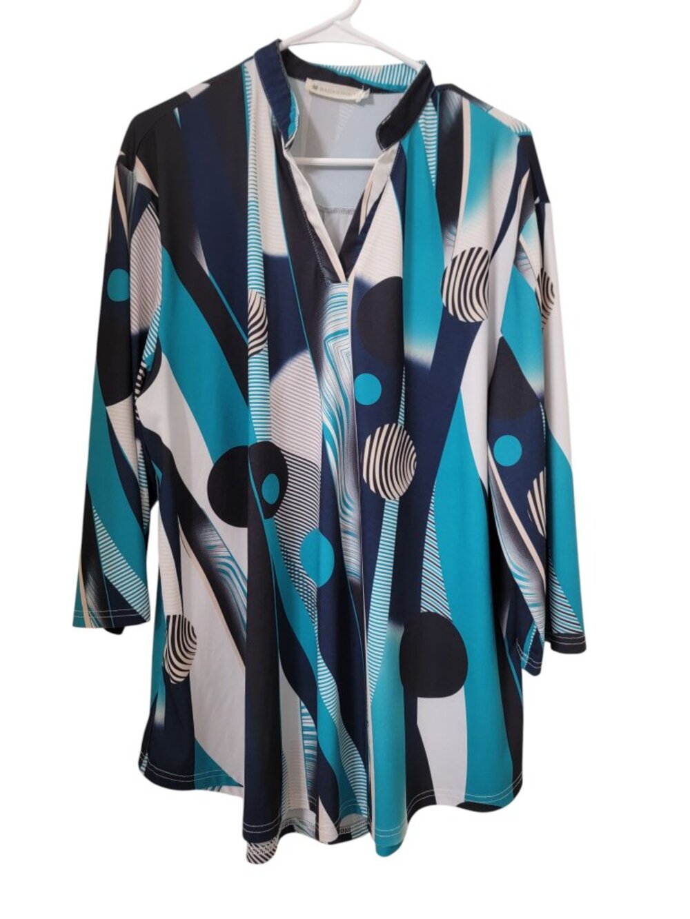 BAISHENGGT Size 3XL Teal, Black, Tan & White 3/4 Sleeve Abstract Printed Top